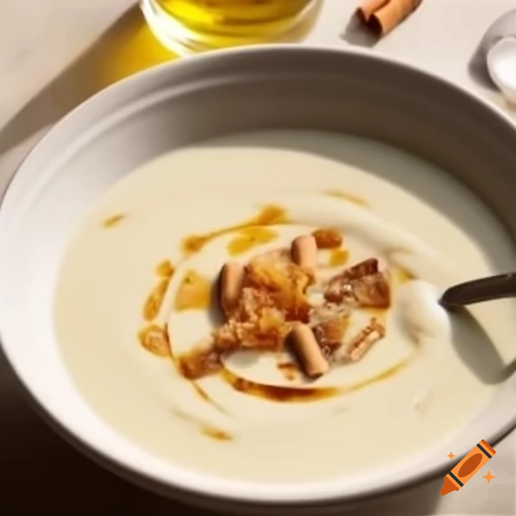 Creamy fennel soup topped with cinnamon cream and candied fennel