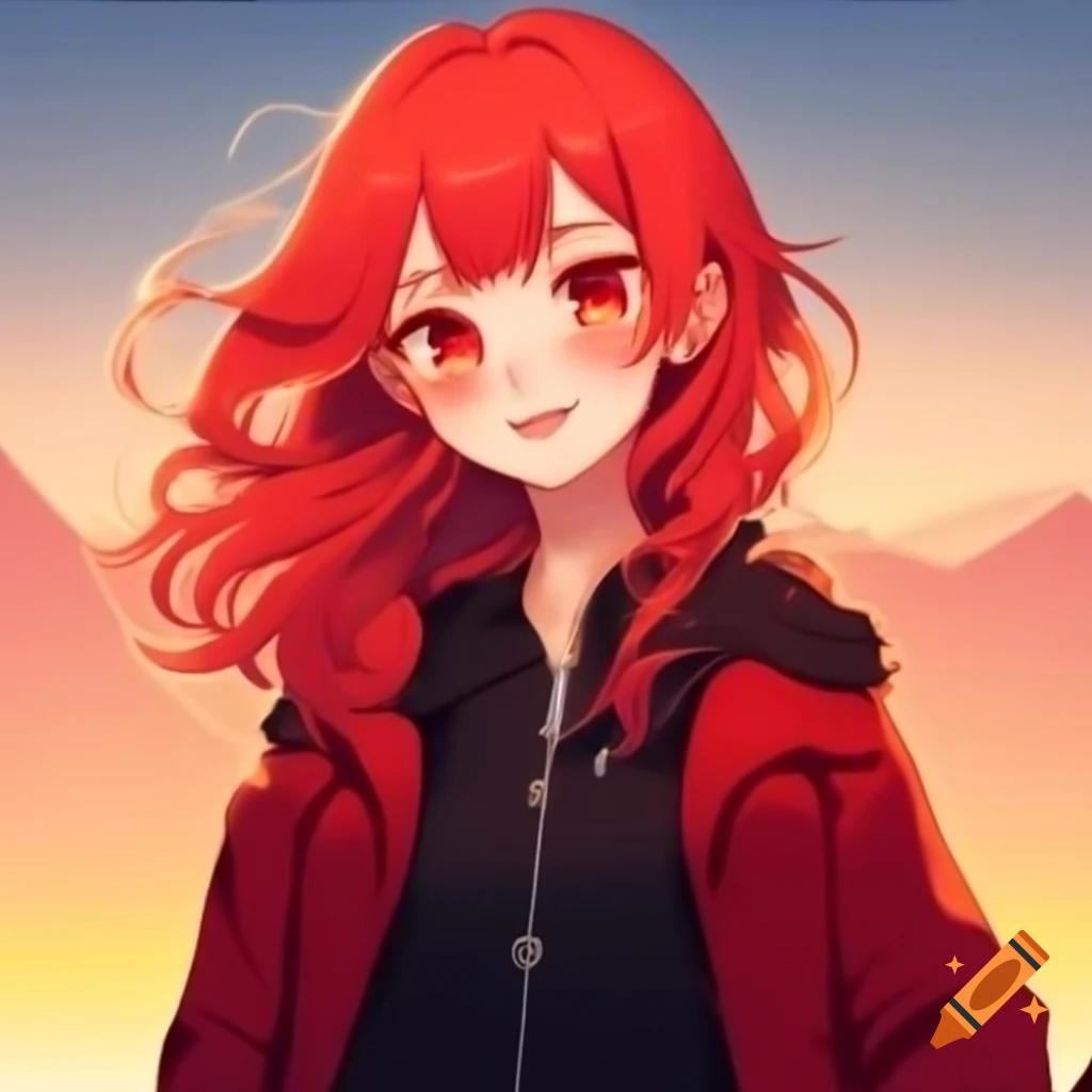 Cheerful anime girl with red hair and crimson eyes in stylish dark ...