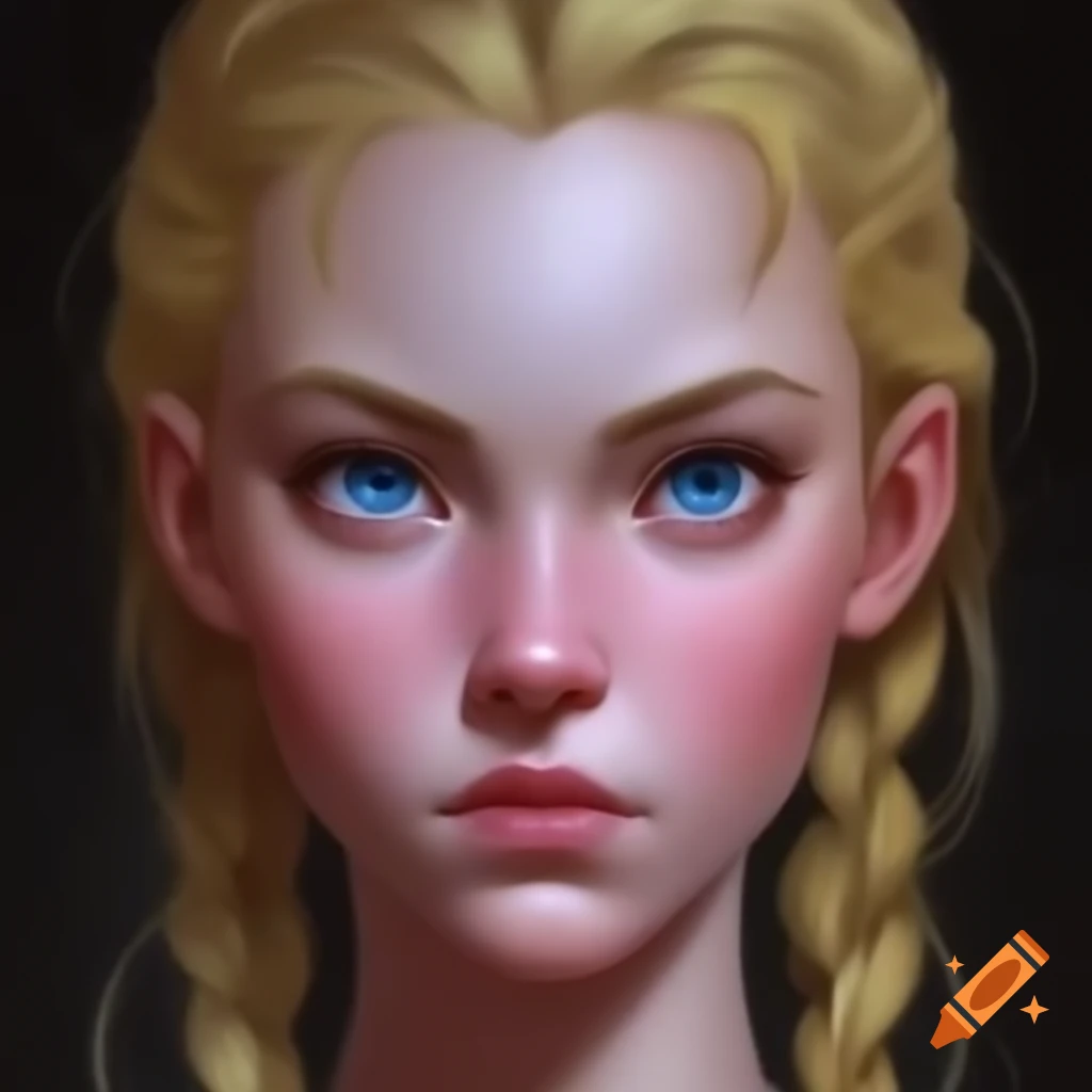 Woman with blonde hair and blue eyes, featuring a noticeable lump on her forehead