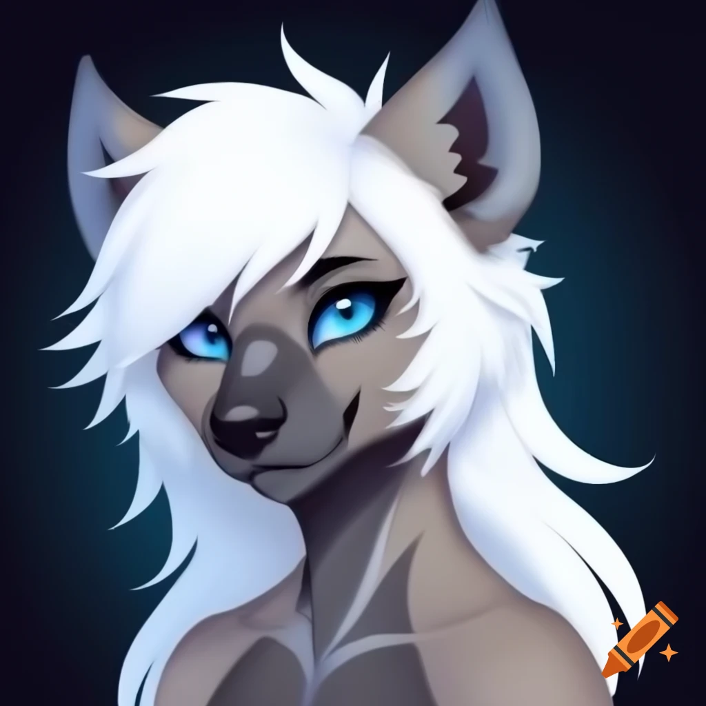 Anthropomorphic female hyena with white fur and blue eyes