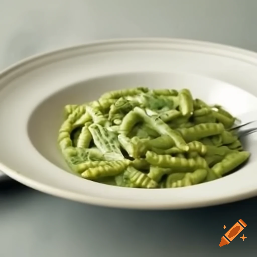 Green pesto pasta served on a large plate