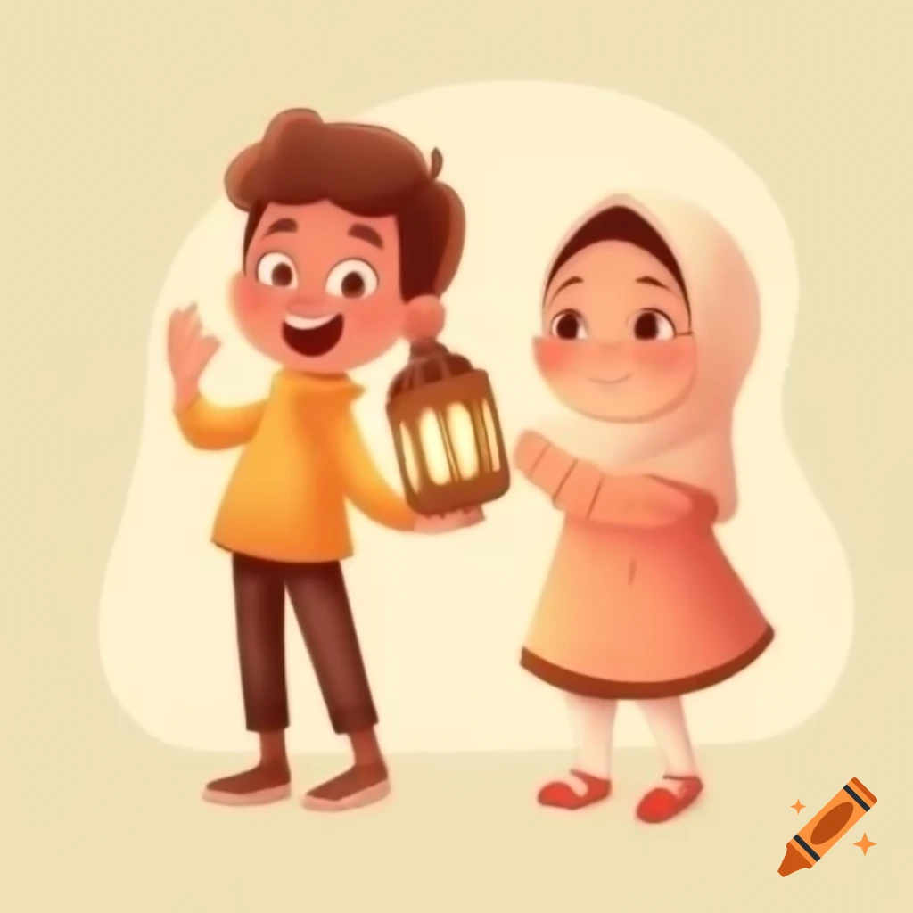 Boy and girl holding Ramadan lantern