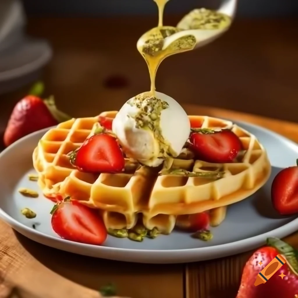 Golden crispy waffle with vanilla ice cream, pistachio spread, fresh strawberries, and whipped cream