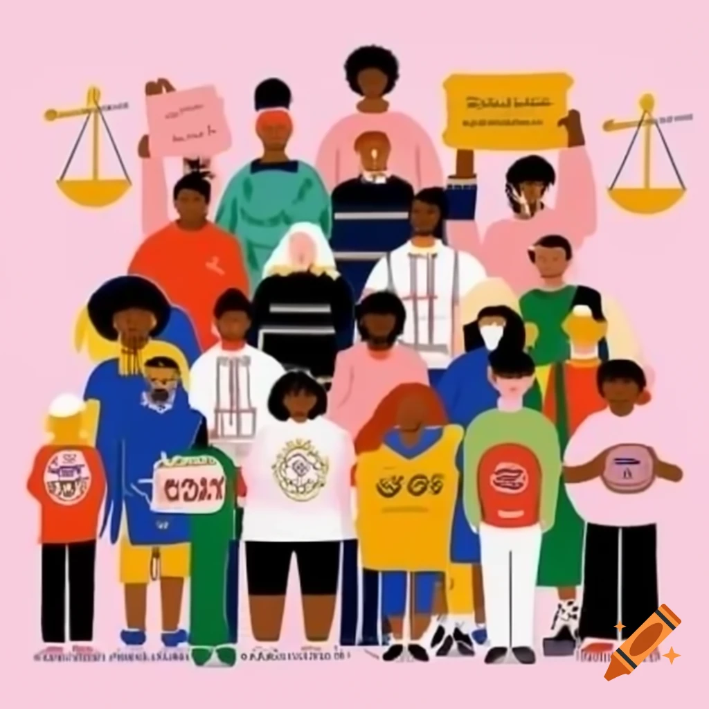 Diverse individuals promoting equality and human rights with justice scale backdrop