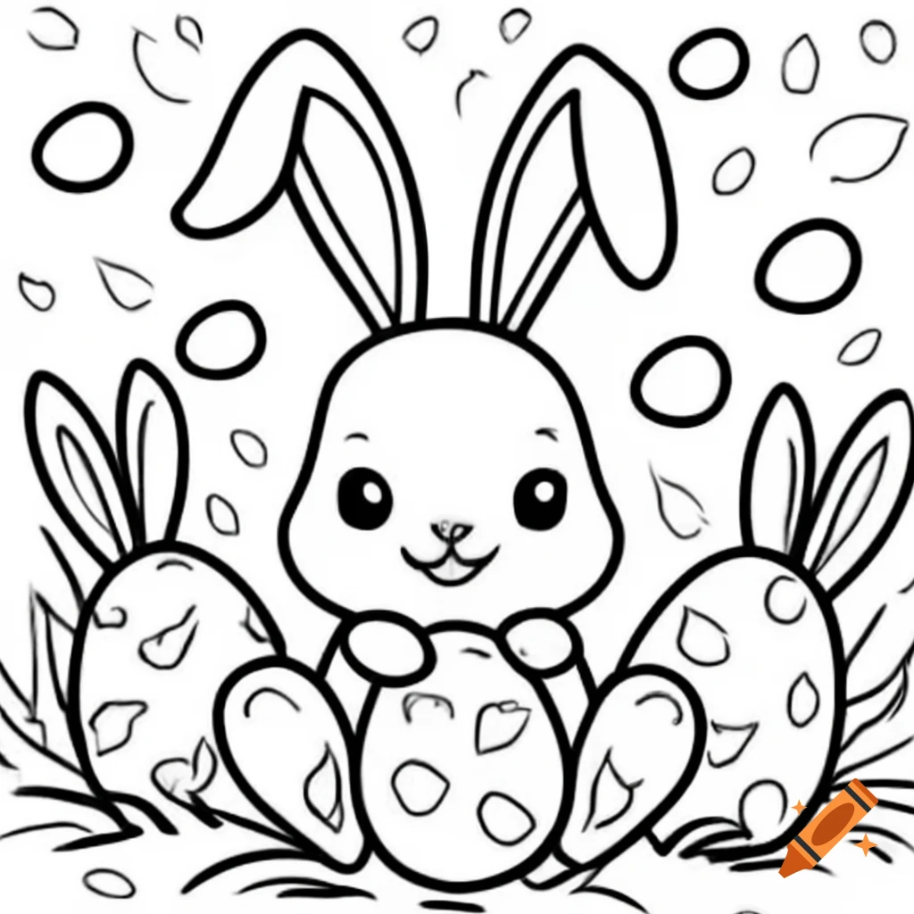 Cartoon cute Easter Bunny with outlines of eggs for coloring
