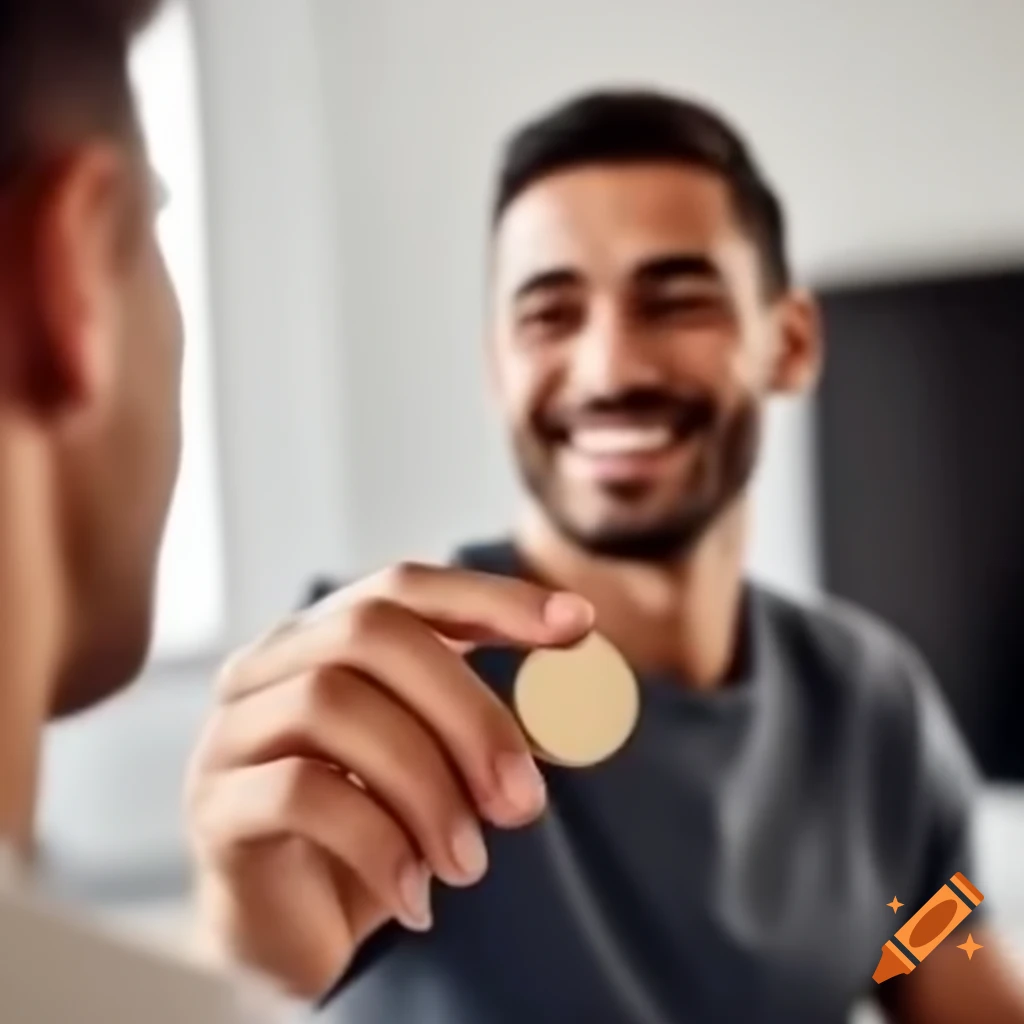 Smiling man giving a coin to another person