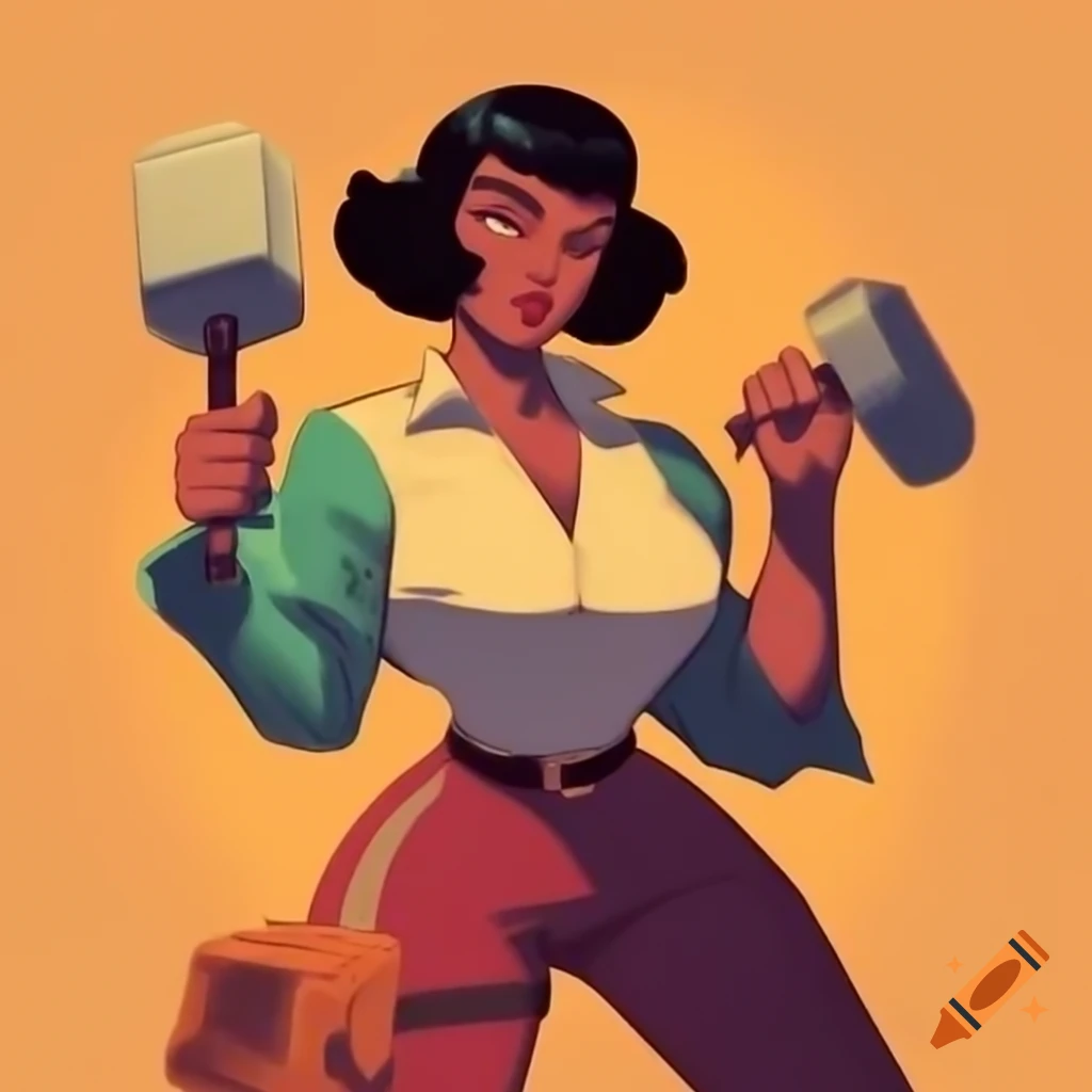 Tools Pin Up Vintage illustration of woman with pin-up look holding tools ...