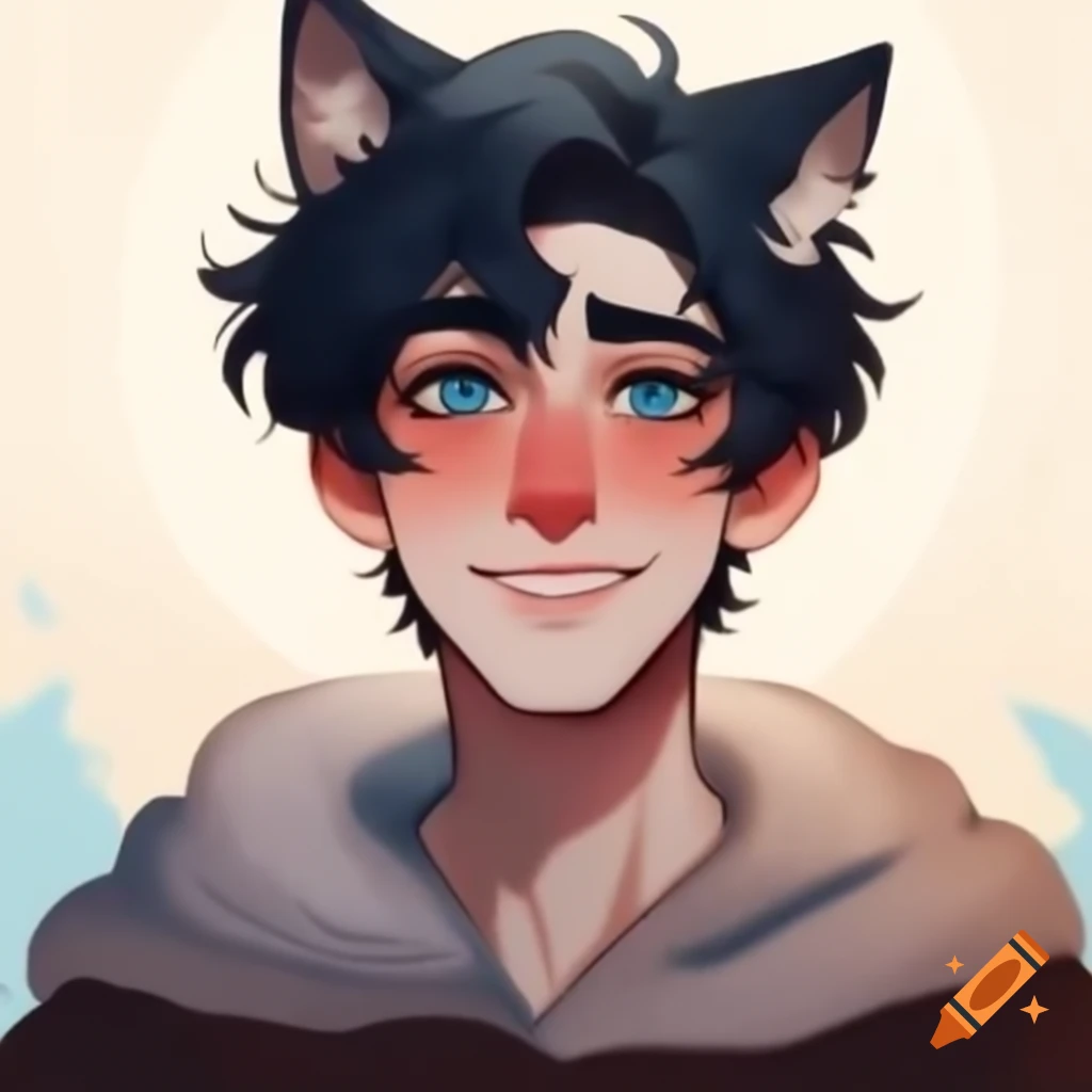 Mature male college student with dark hair and wolf ear sweater radiating charm