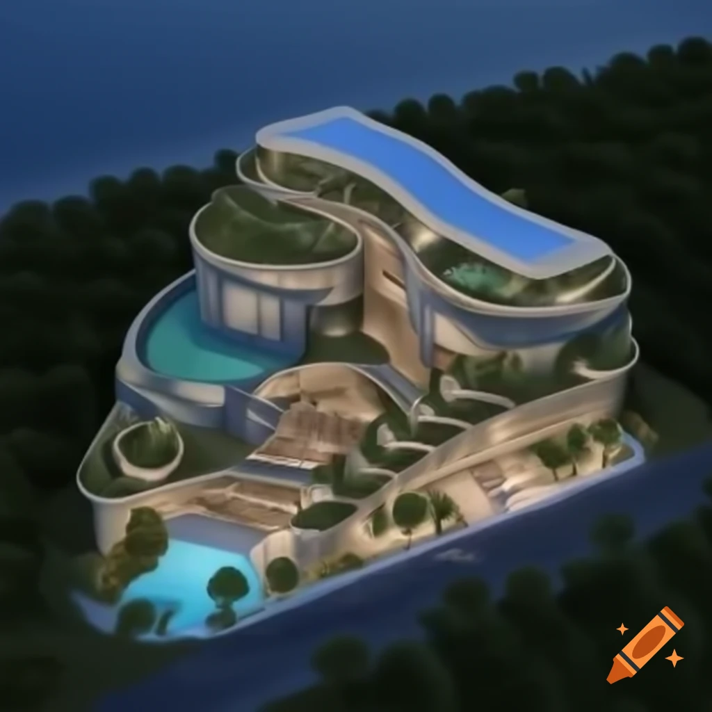Neo-Modern U-shaped oasis complex floor plan and 3D aerial view with tropical elements