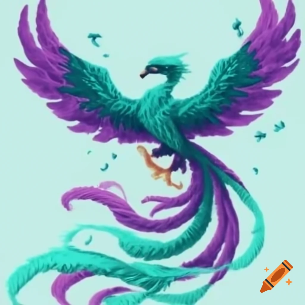 Teal and purple Phoenix in flight with long tail embroidery design