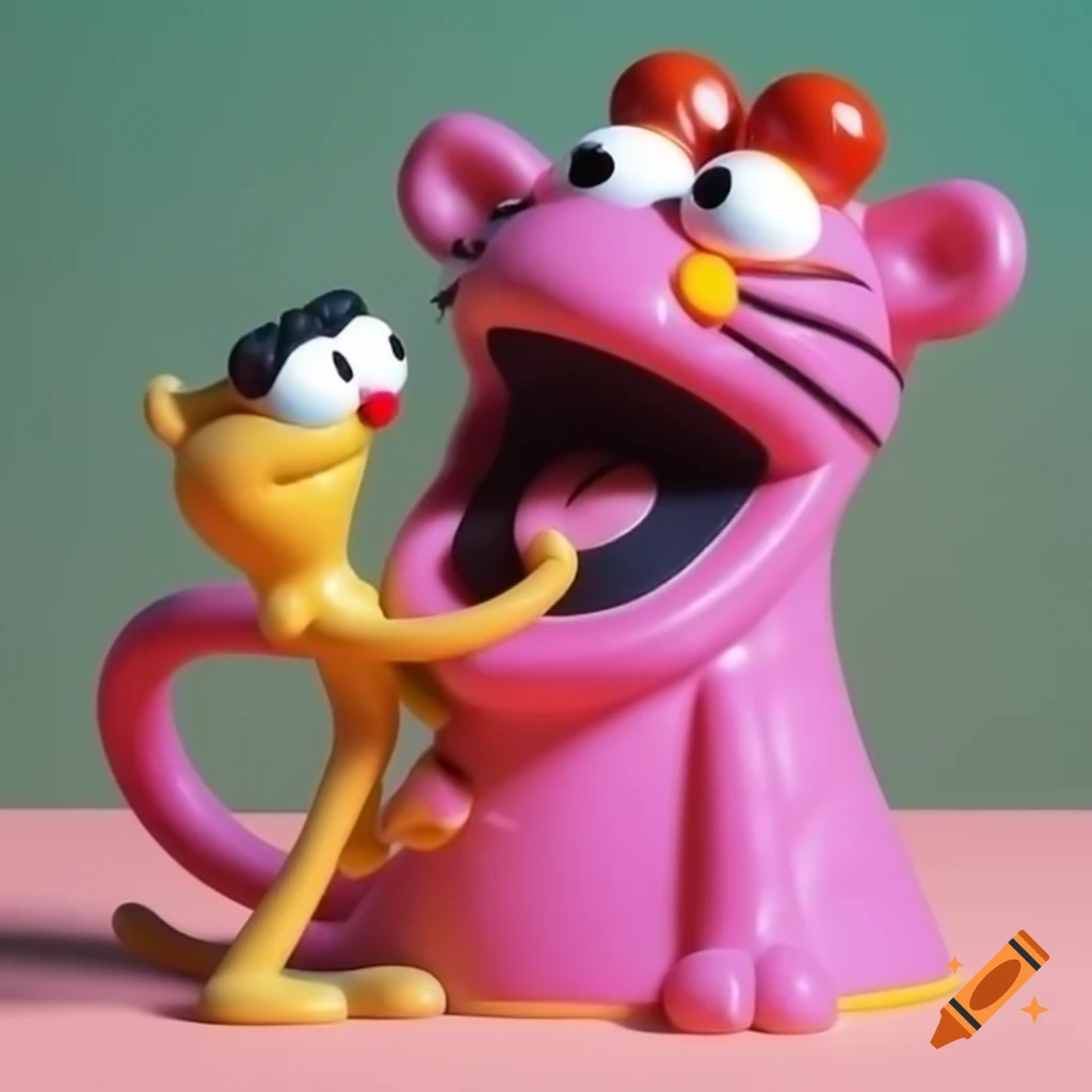 Whimsical ceramic sculpture of hybrid cartoon characters in artistic clash