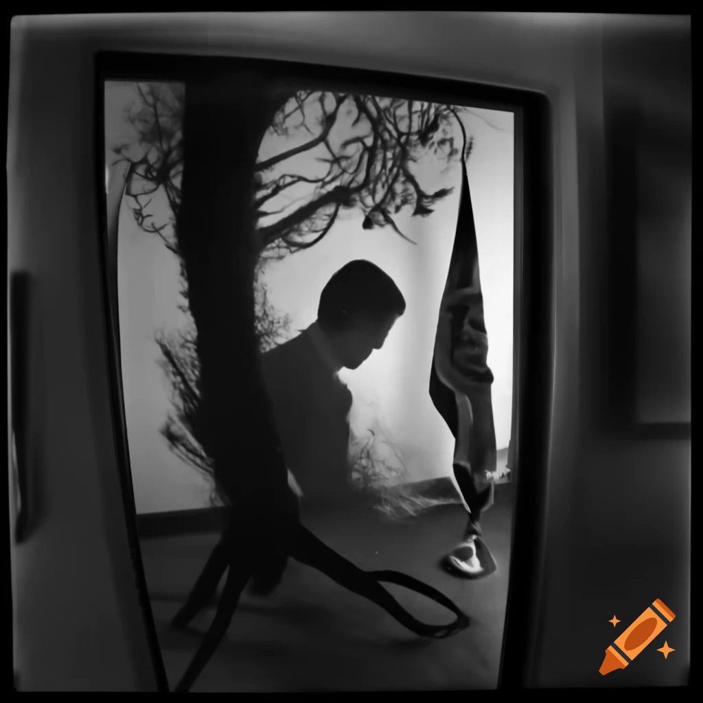 Surveillance image of a man made of tree roots hiding behind a flag in a government office