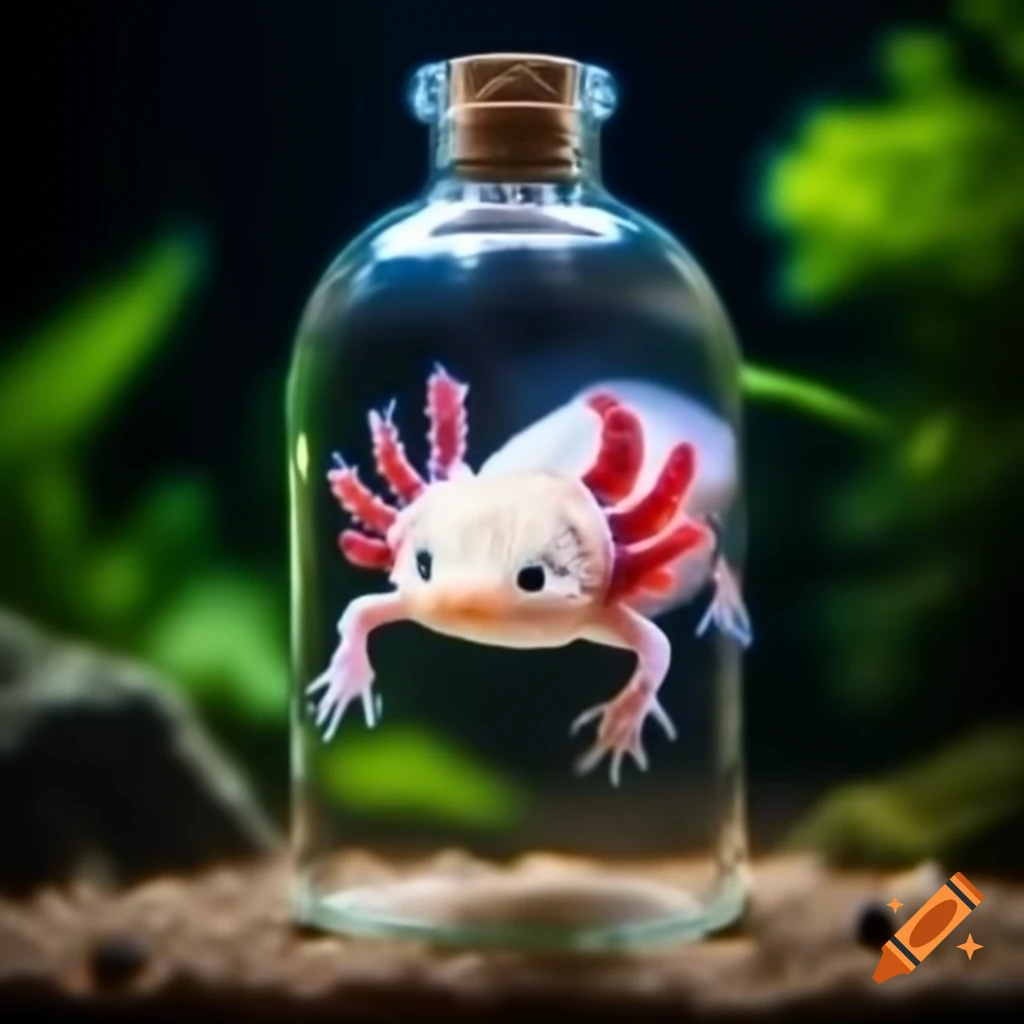 Axolotl inside a clear glass bottle