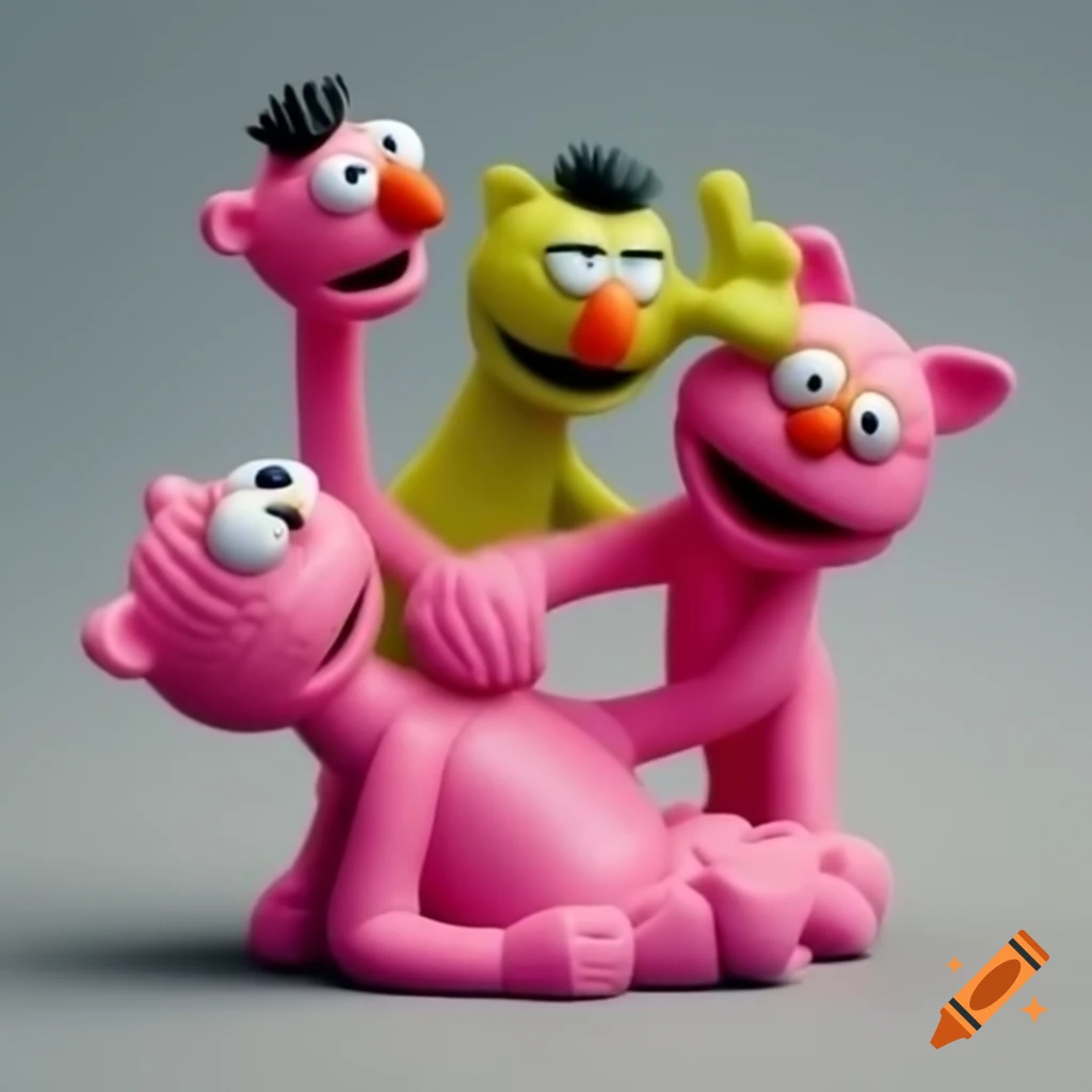 Whimsical ceramic sculpture of hybrid cartoon characters in artistic clash