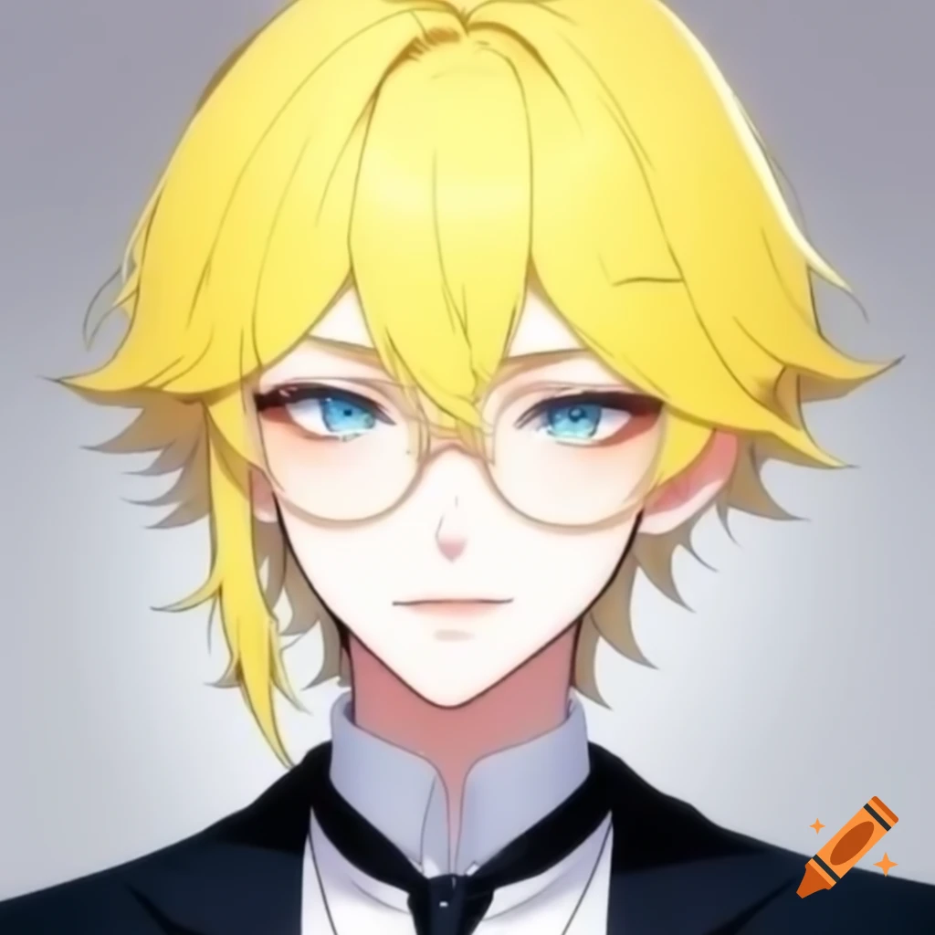 Sophisticated anime character with yellow hair and white glasses in ...
