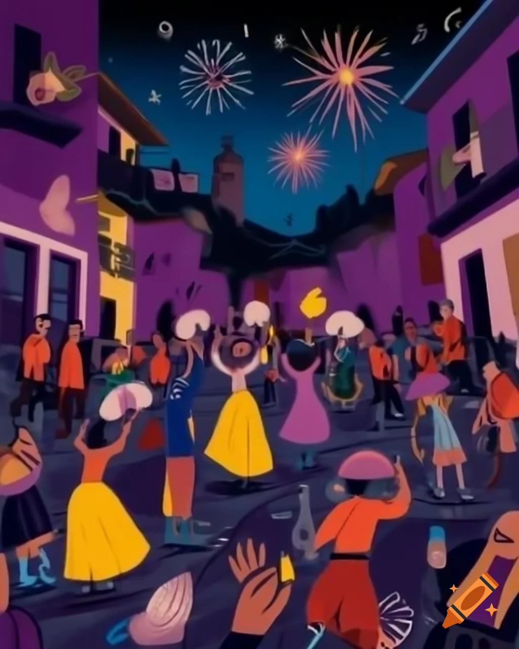 Surreal night festival illustration in small town of Pueyo, Navarra with diverse crowd