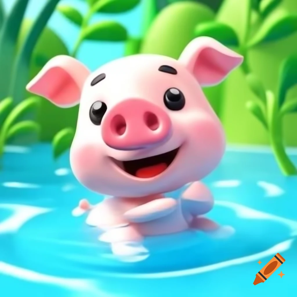 Cute happy pig swimming in water, 3D rendering