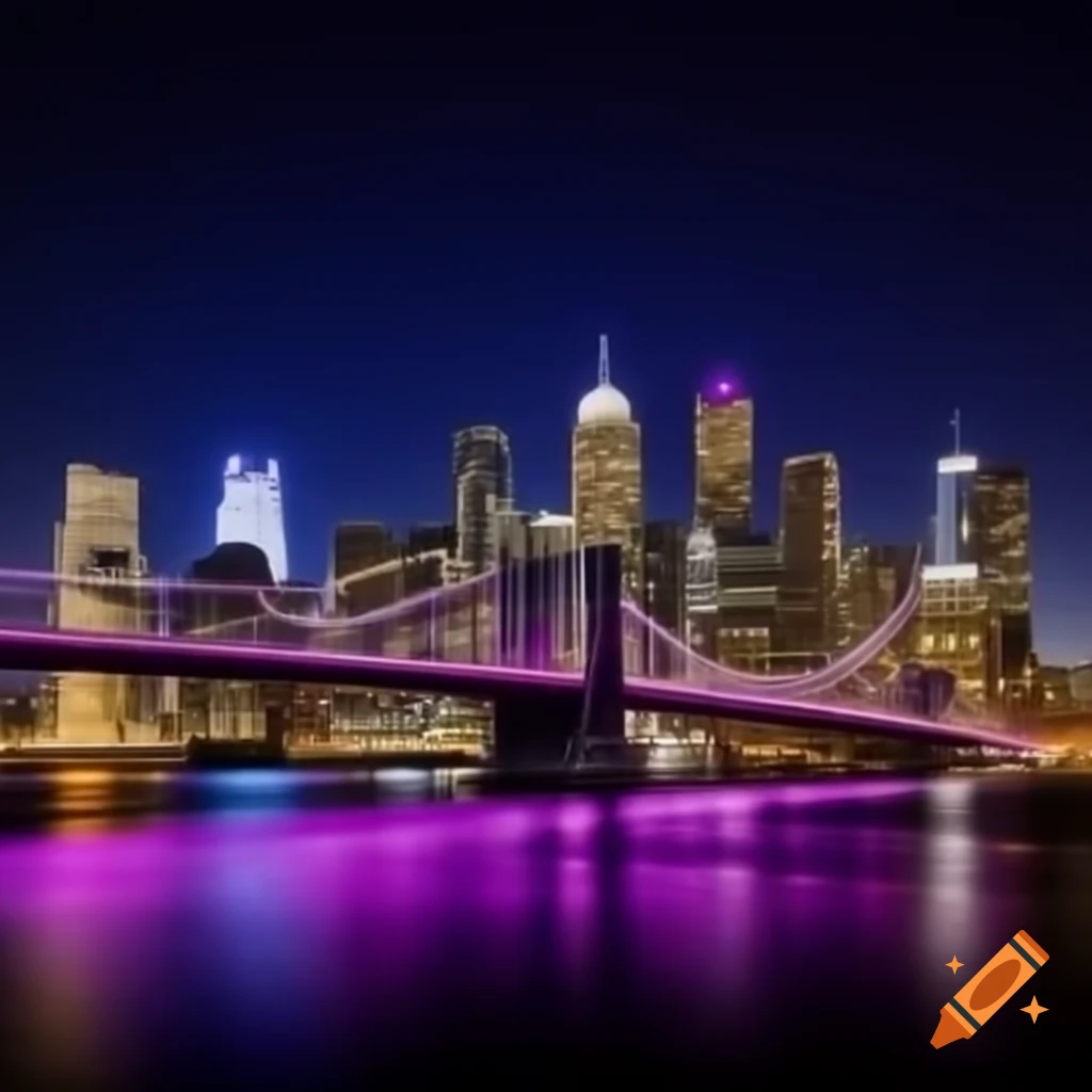 Vibrant purple neon Winnipeg skyline reflecting on Provencher Bridge at night