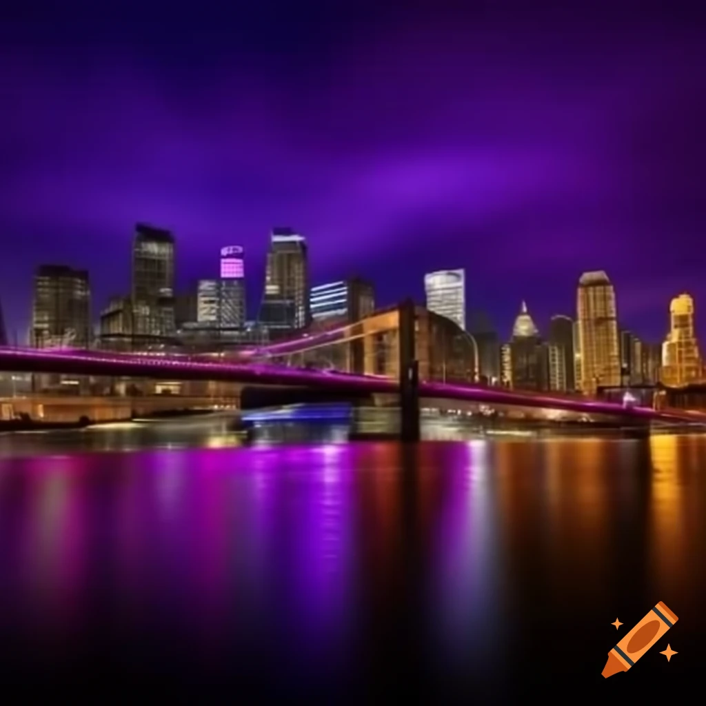 Vibrant purple neon Winnipeg skyline reflecting on Provencher Bridge at night