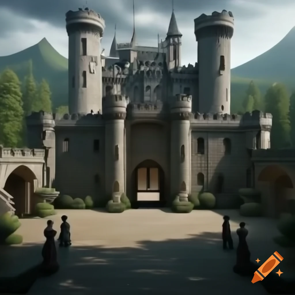 Large castle with towering walls, intricate stonework, and high turrets