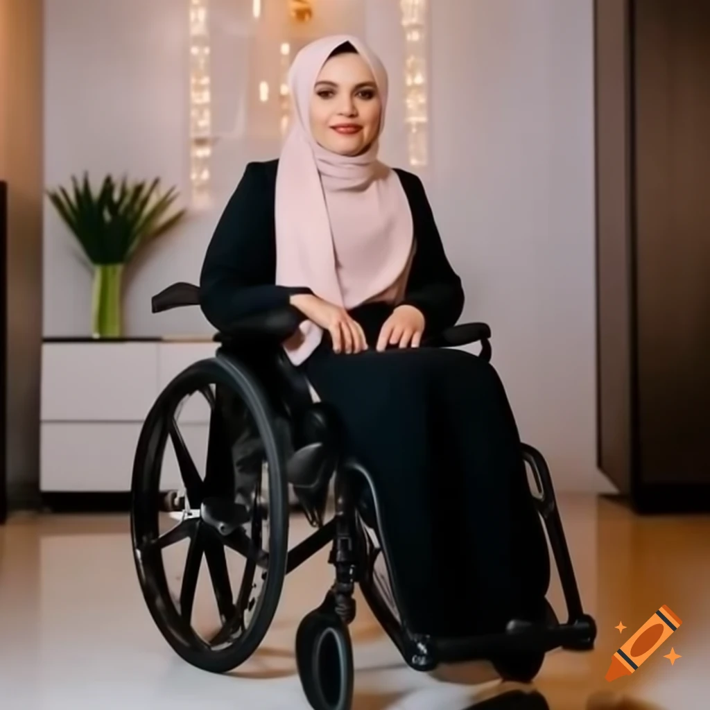 Stylish young woman in hijab seated on modern black wheelchair, designed for daily use
