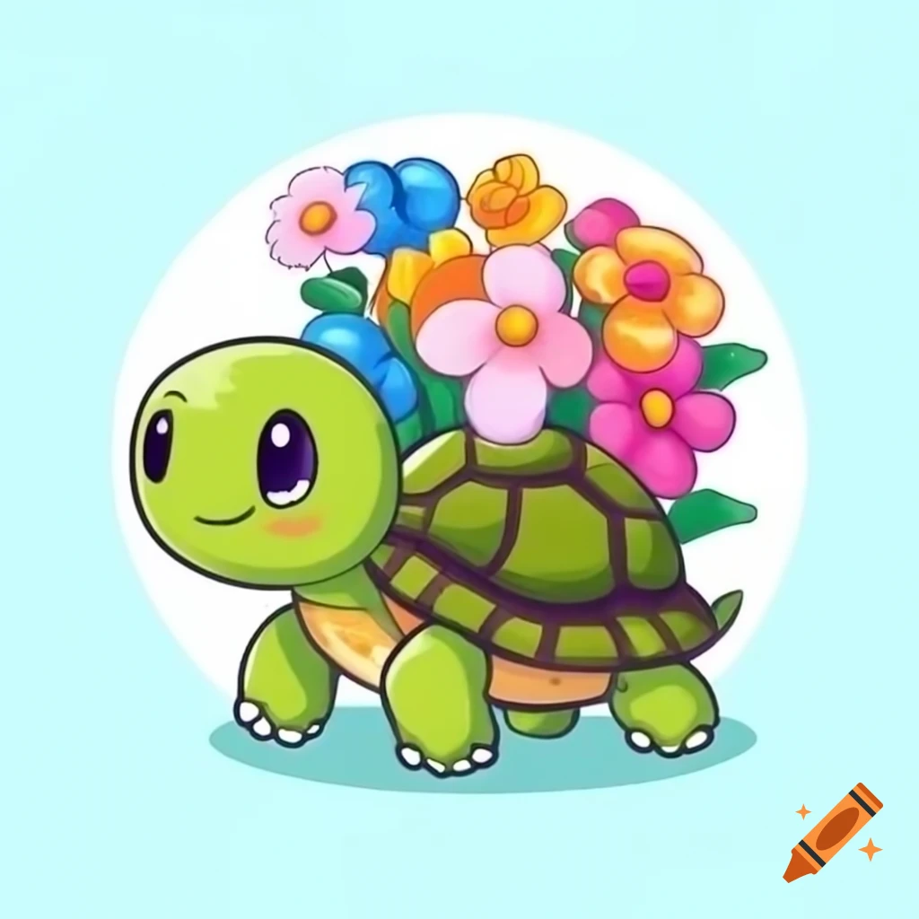 Cartoon turtle holding a bouquet of flowers