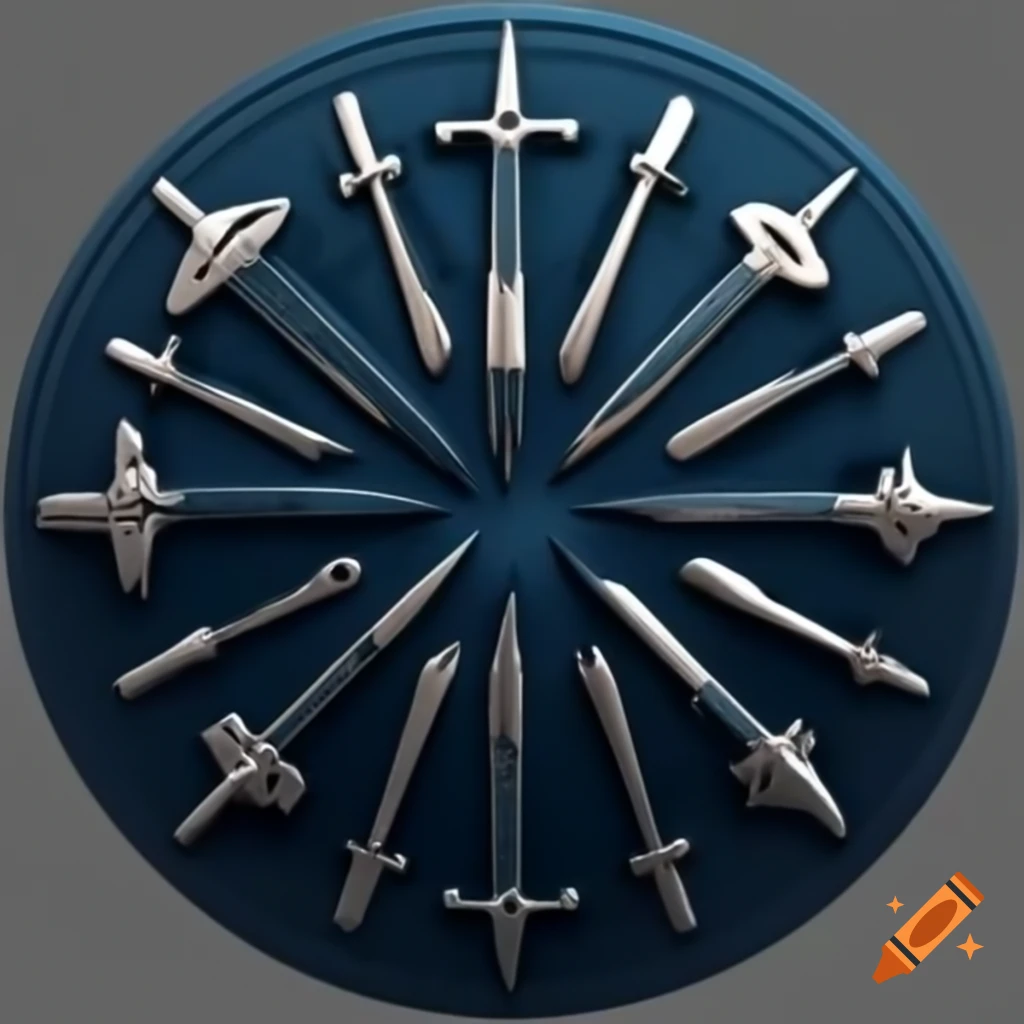 Navy blue military challenge coin with silver swords in circular arrangement