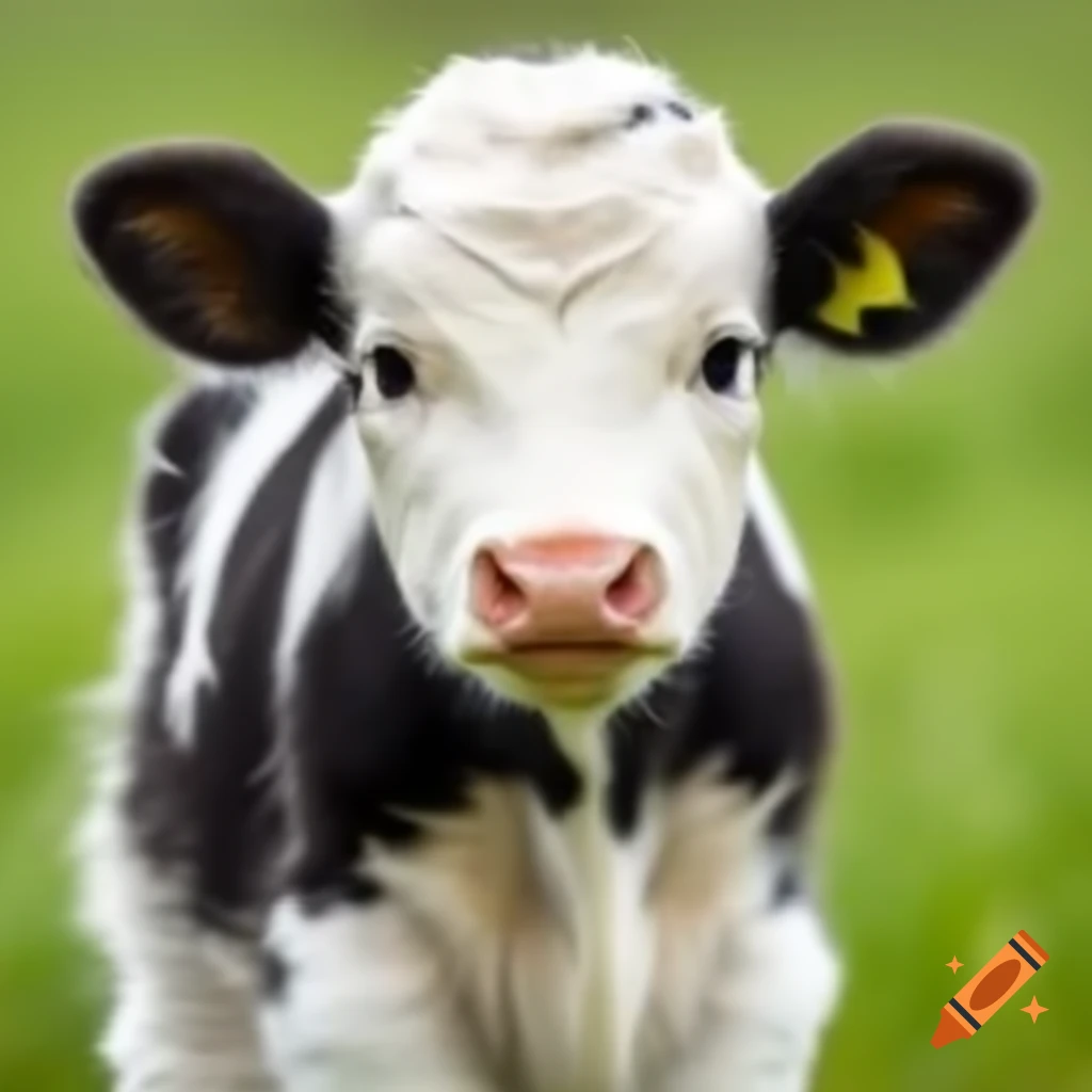 Cute baby cow in green pasture
