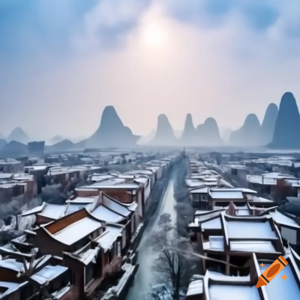 Snowy streets of Peking with quaint residences in winter