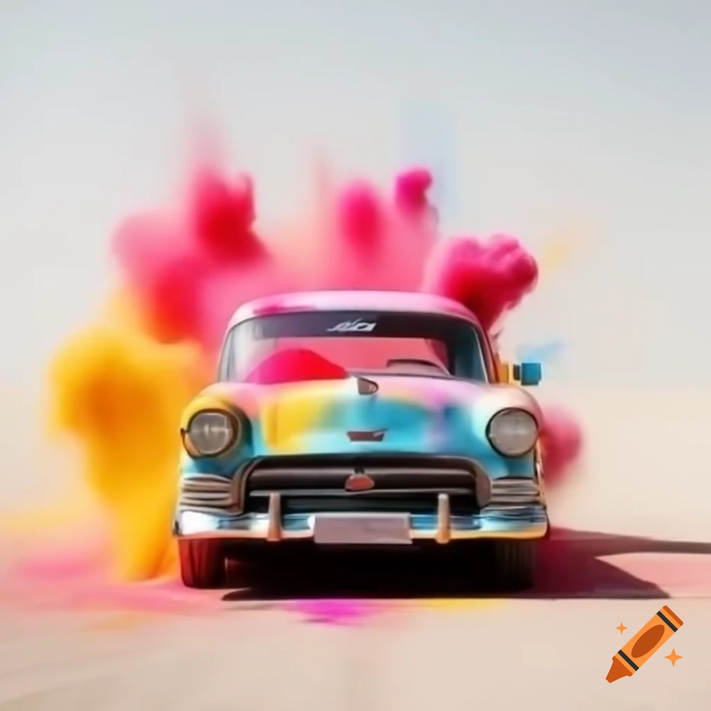 Car covered in vibrant Holi colors against white background