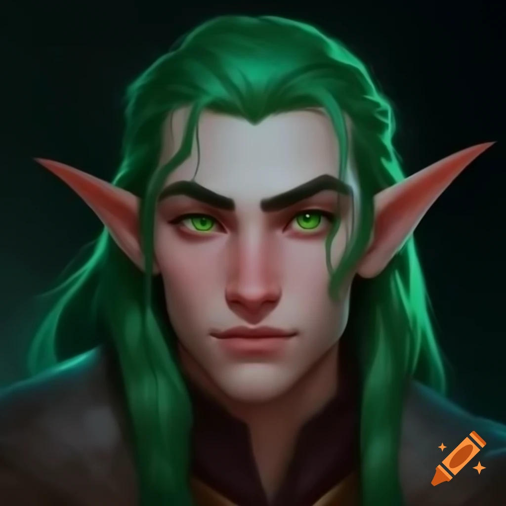 57-year-old male half-elf warlock with green hair