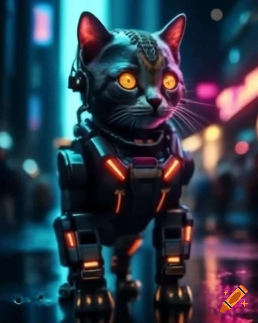 Cyberpunk kitten with neon eyes in futuristic city at night on Craiyon