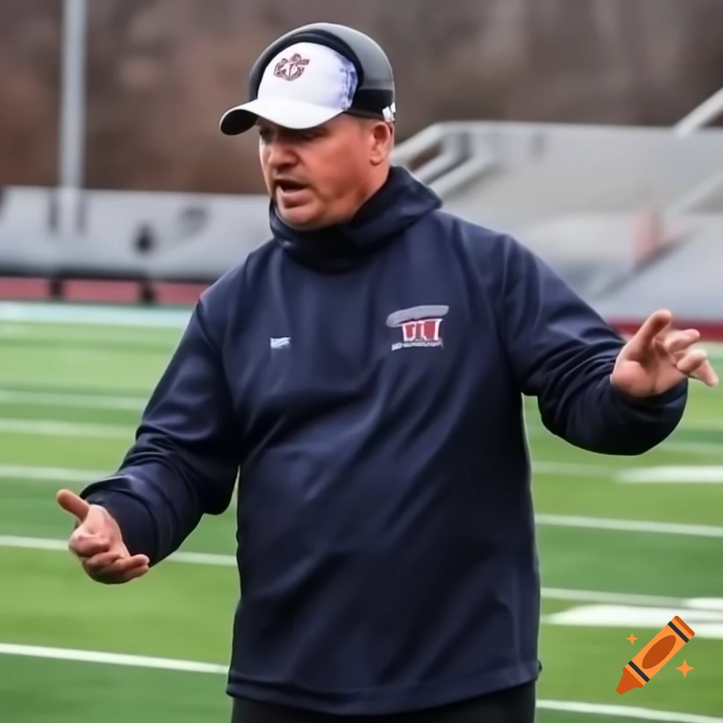 Motivational football coach addressing team on field with passion