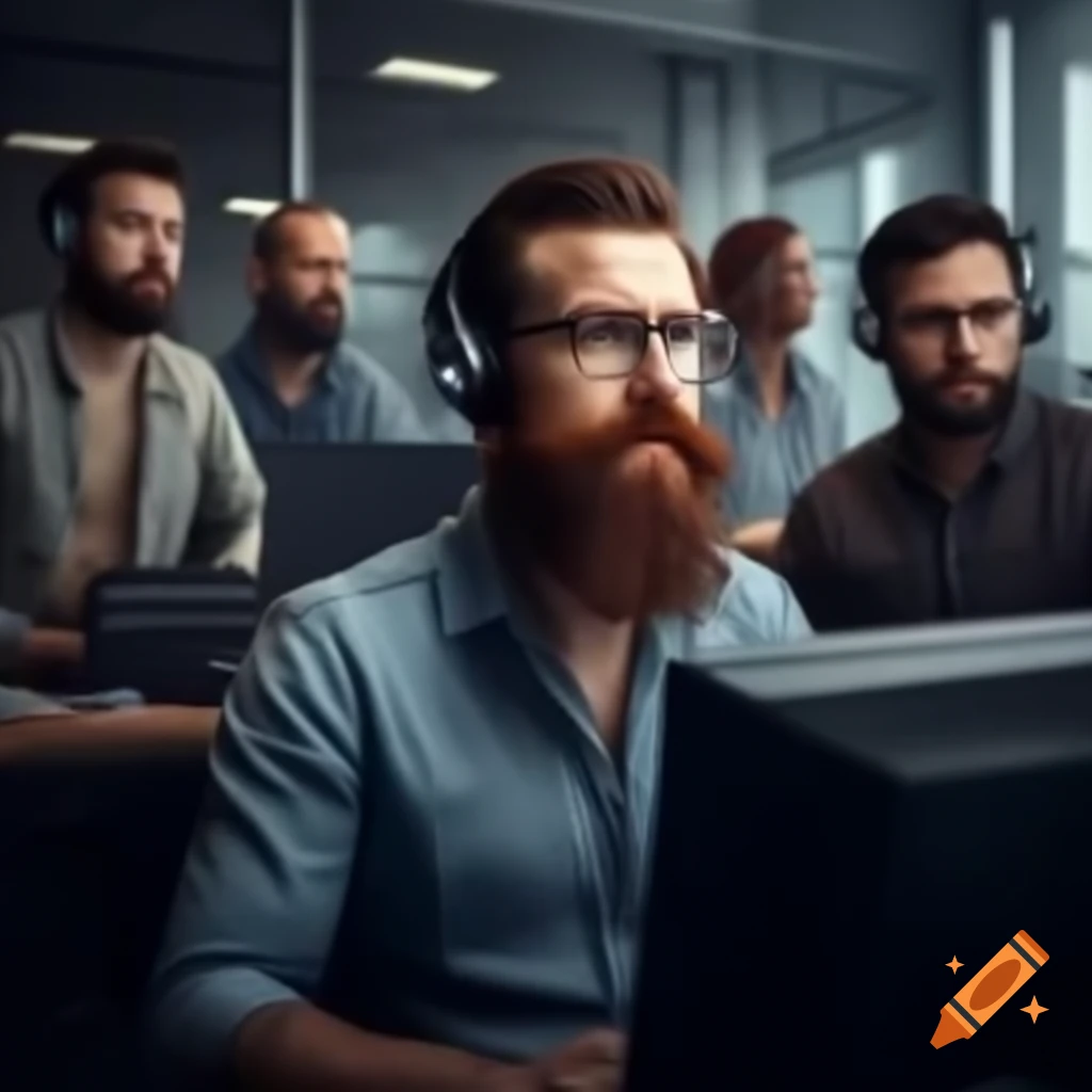 Group of computer technicians with beards working together