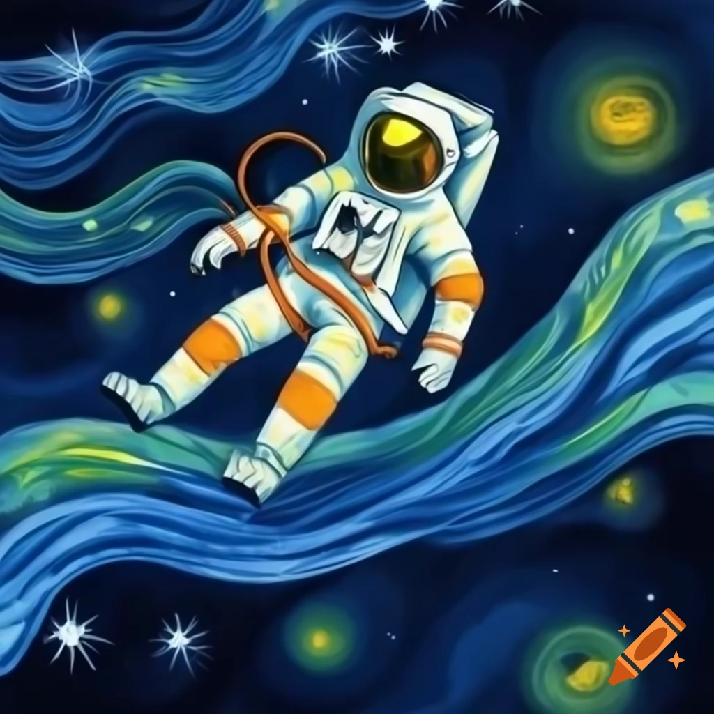Astronaut silhouette in vector cosmos inspired by Van Gogh