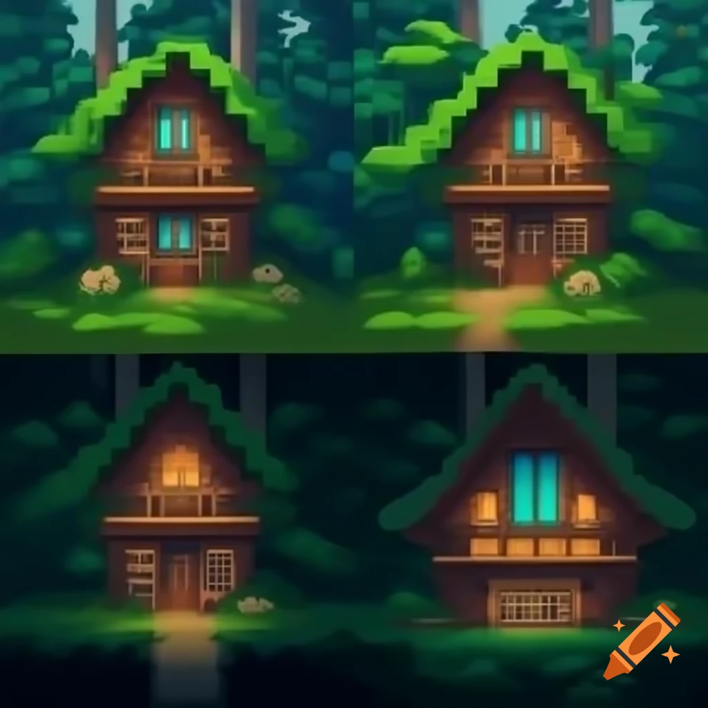 Split pixel art of forest cabin depicting all four seasons