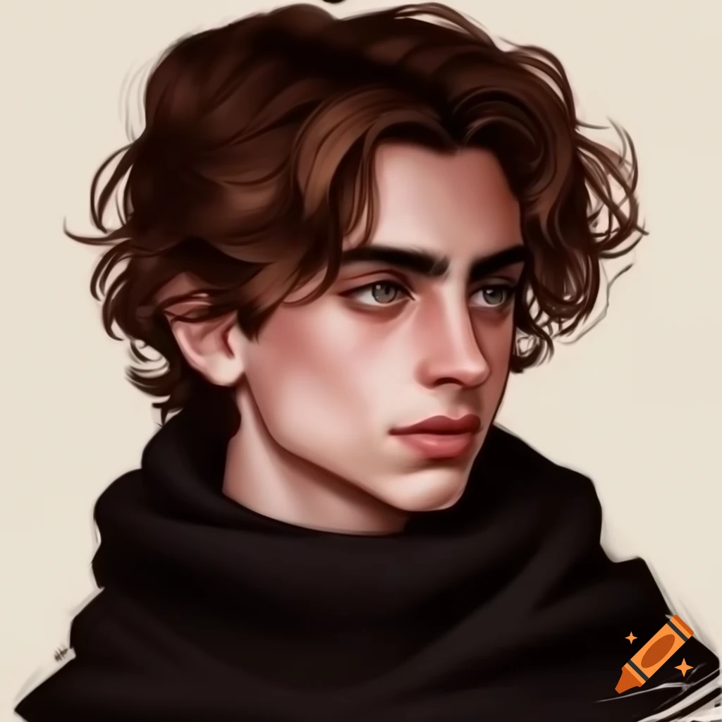 Colored sketch of young male character with brown hair in black cloak, Timothee Chalamet inspired