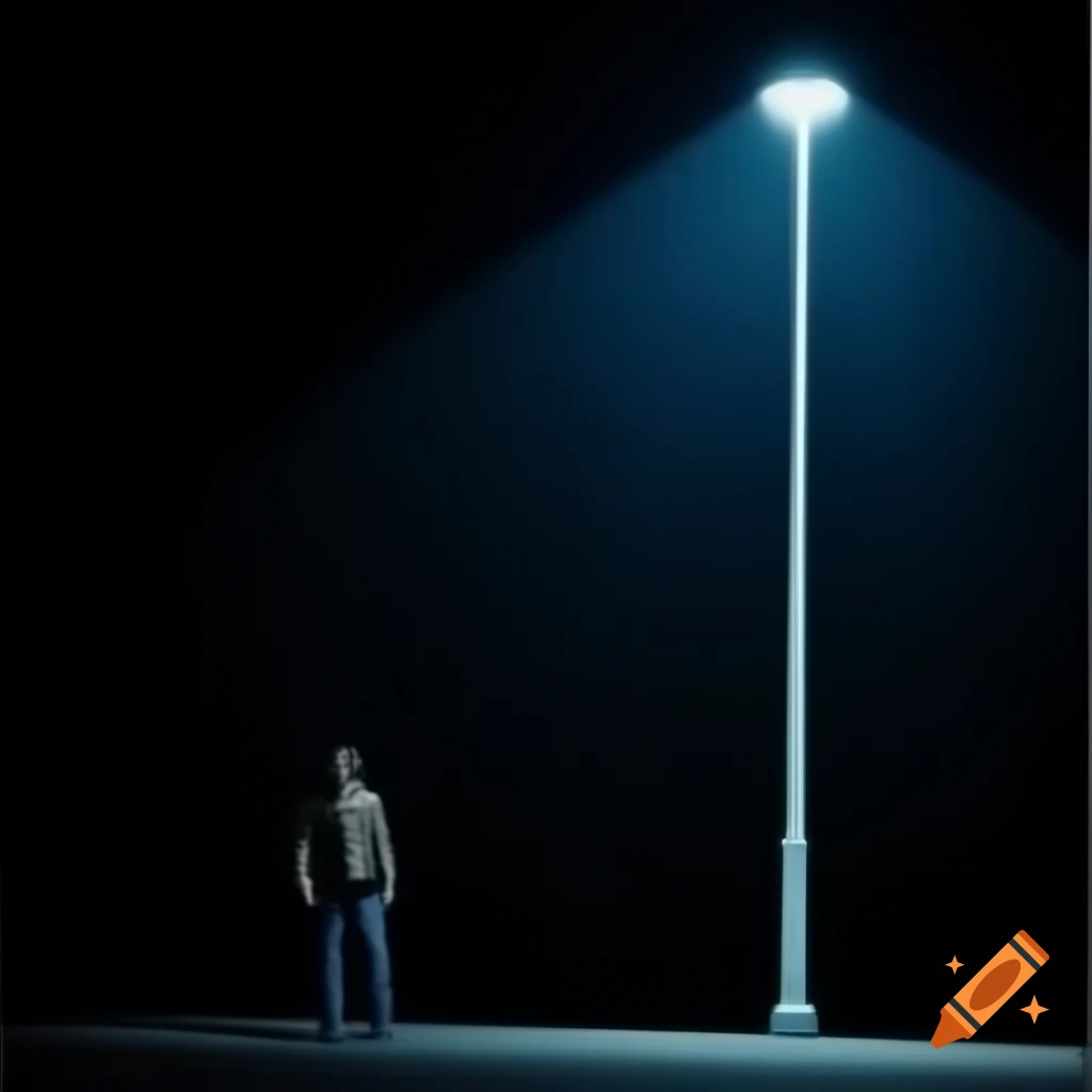 Person standing in front of tall streetlight with shadow stretching on pavement