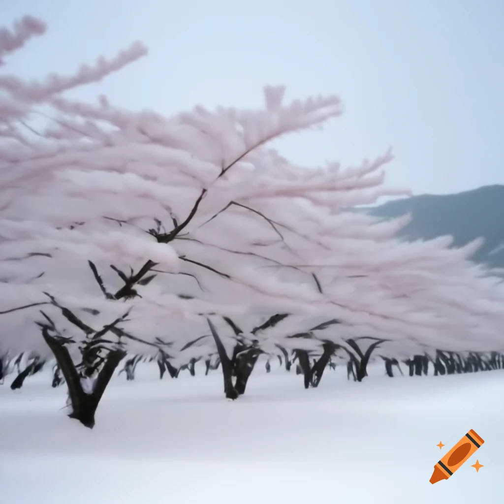Sakura trees in bloom surrounded by snow