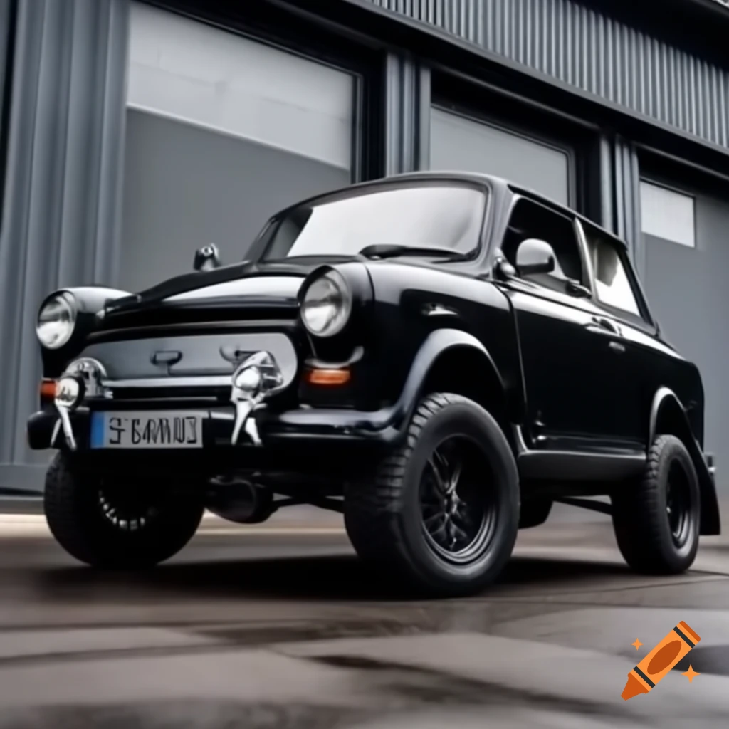 Black Trabant with off-road tires and lift-kit in three-quarter view