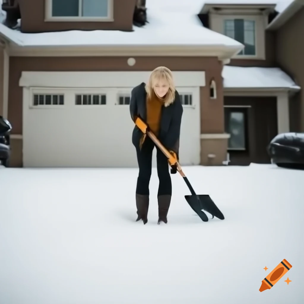 Blond woman shoveling snow from driveway with visible shovel
