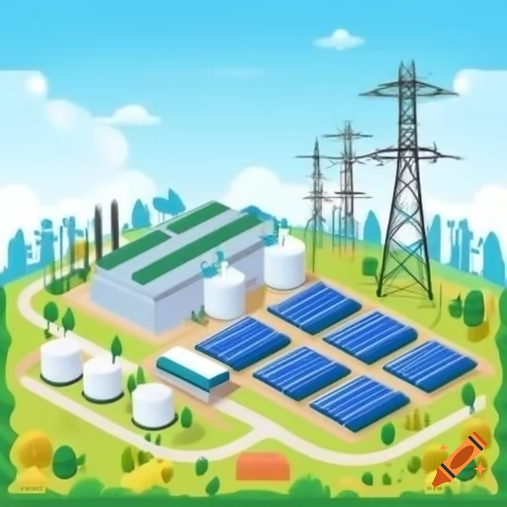 Wind farms, solar park, and thermal power plant with transmission lines