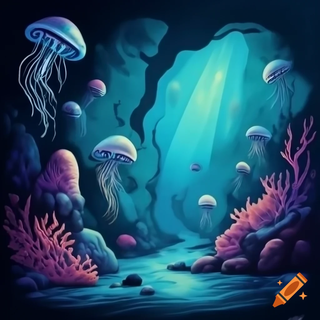 Vibrant ink drawing of bioluminescent jellyfish and coral in deep ocean ...