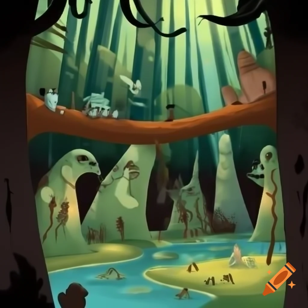 Star Wars themed scene with creatures and aliens relaxing in forest with streams and settlement