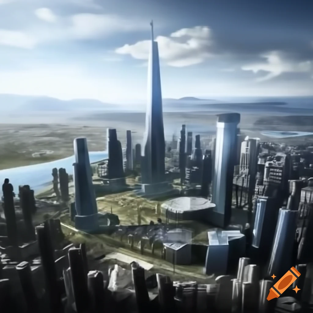 Concept art of an elegant steel blue city with skyscraper-like spires inhabited by humanlike aliens