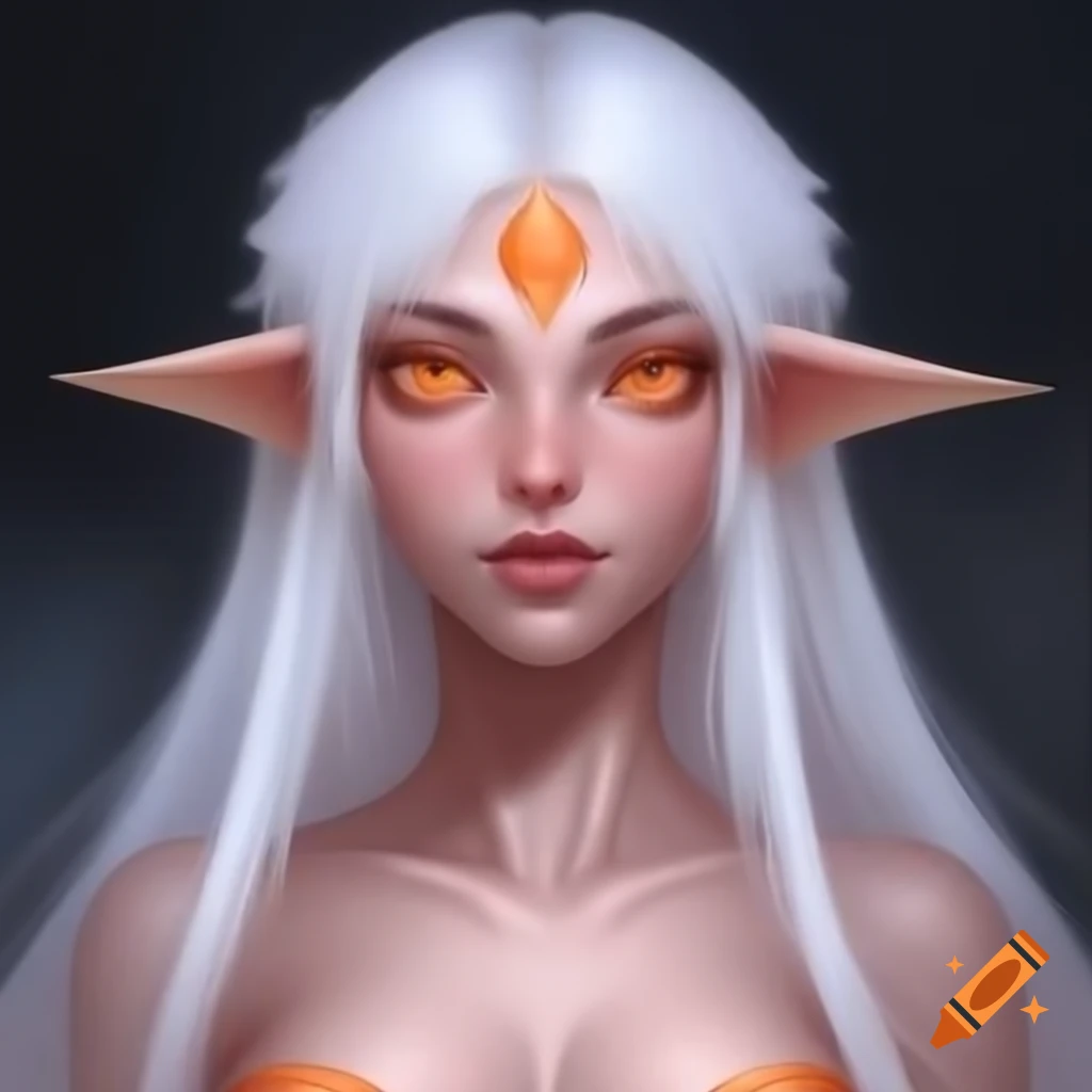 Full body portrait of mermaid with white hair and orange eyes, featuring orange seashell