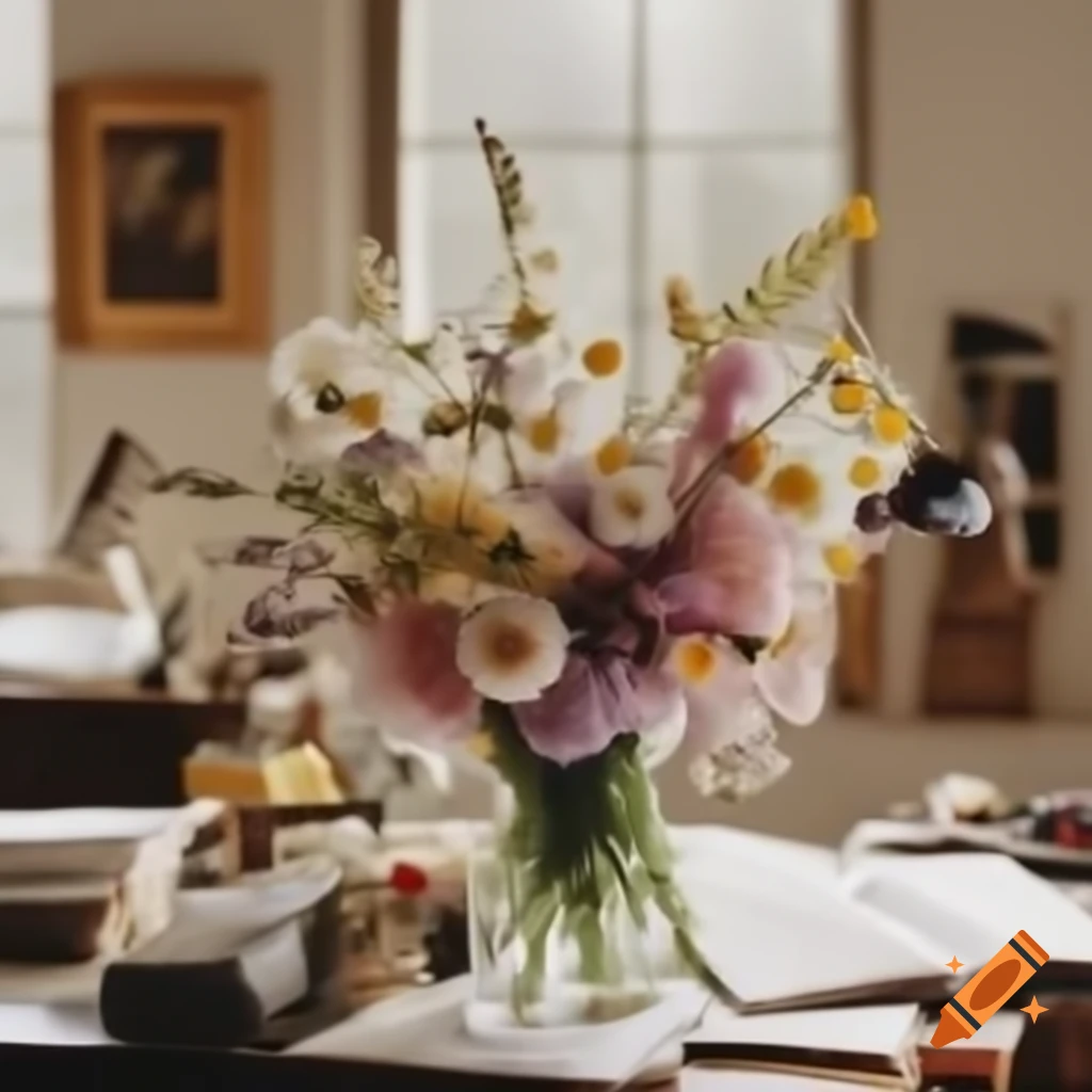 Spring bouquet of wildflowers on interior designer's desk on Craiyon