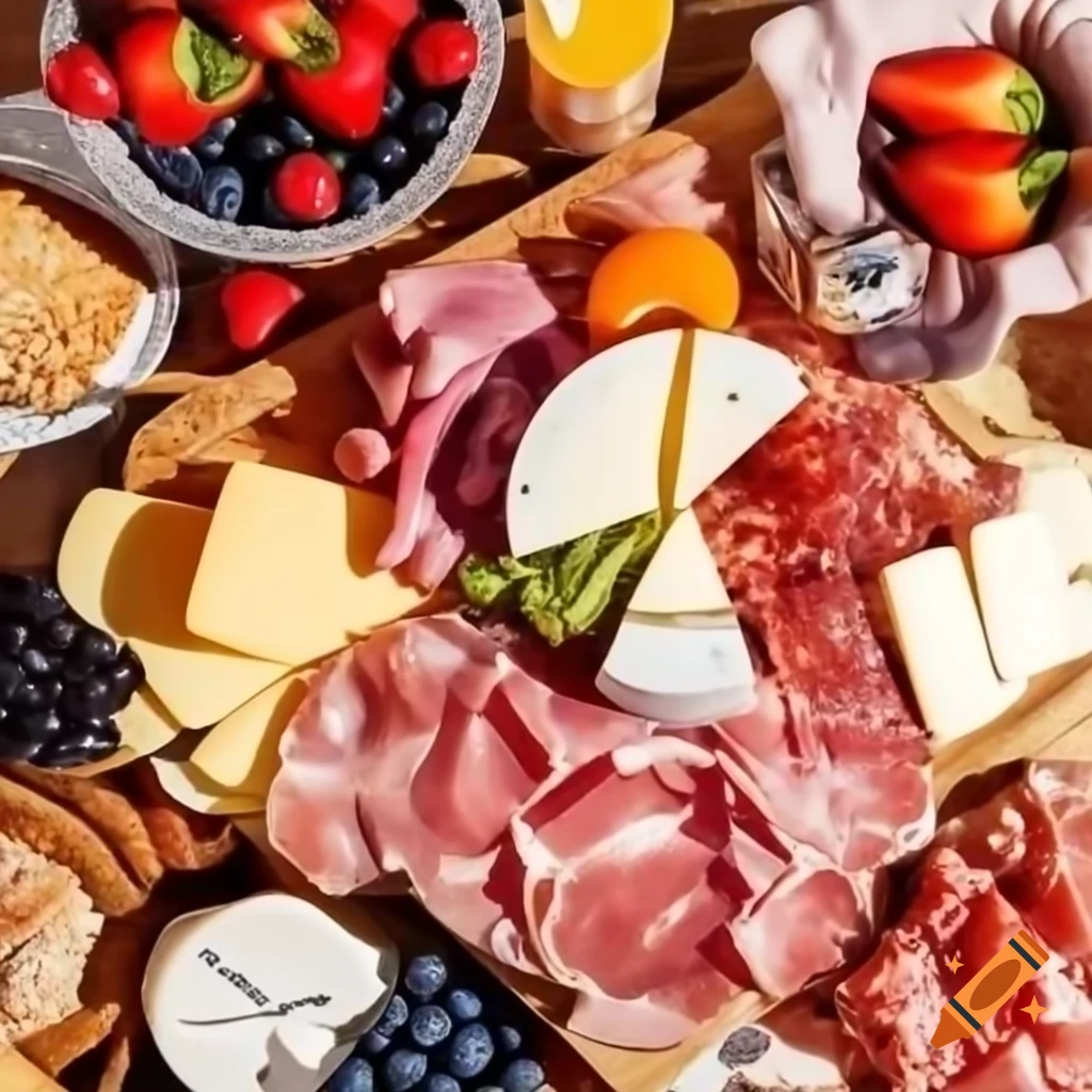 Artfully arranged charcuterie board with cured meats, cheeses, fruits, and bread