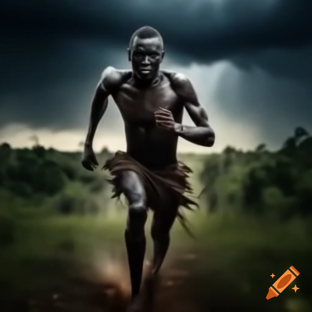 African man running through dark Yoruba forest in rain and lightning