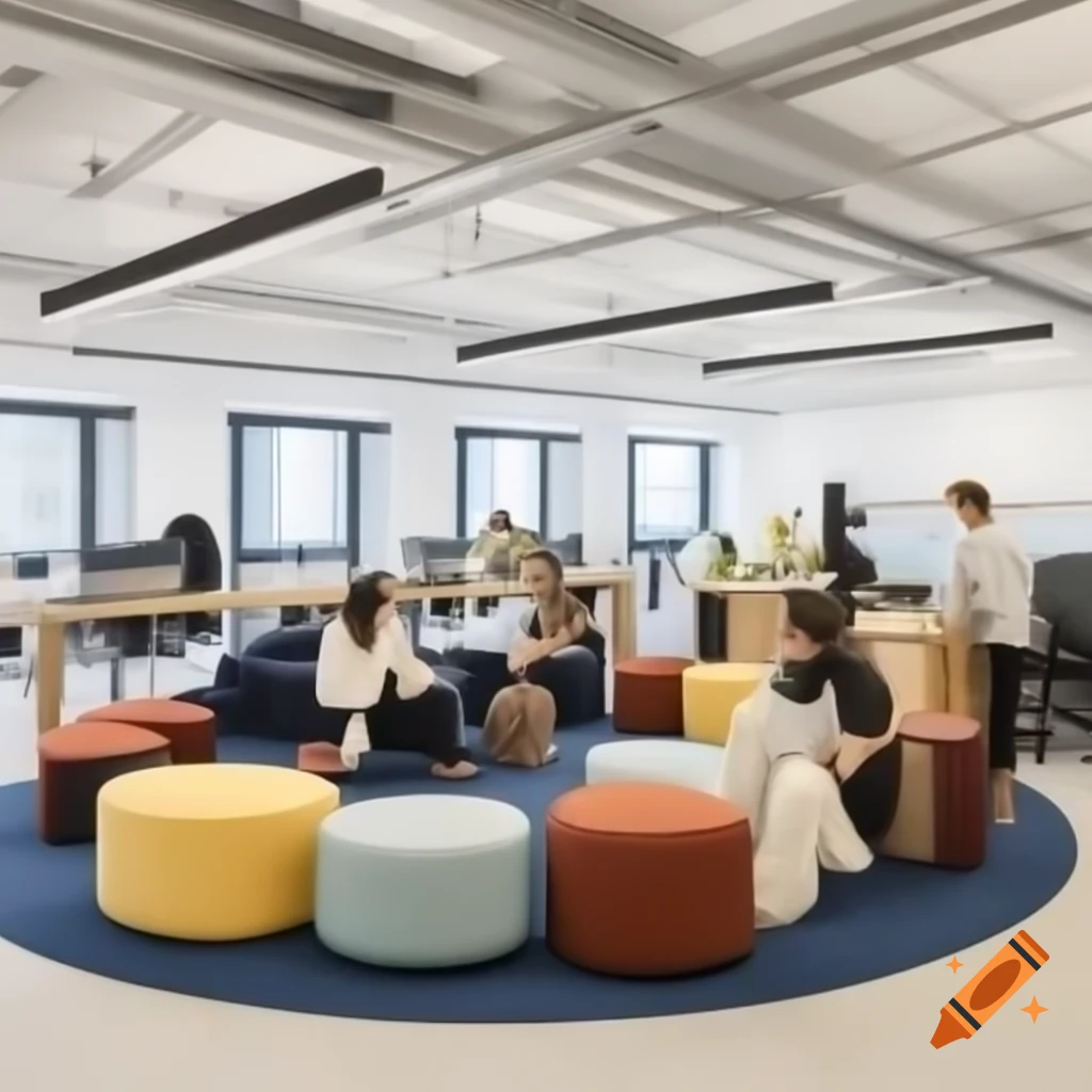 Open office space with communal areas and round tables promoting ...
